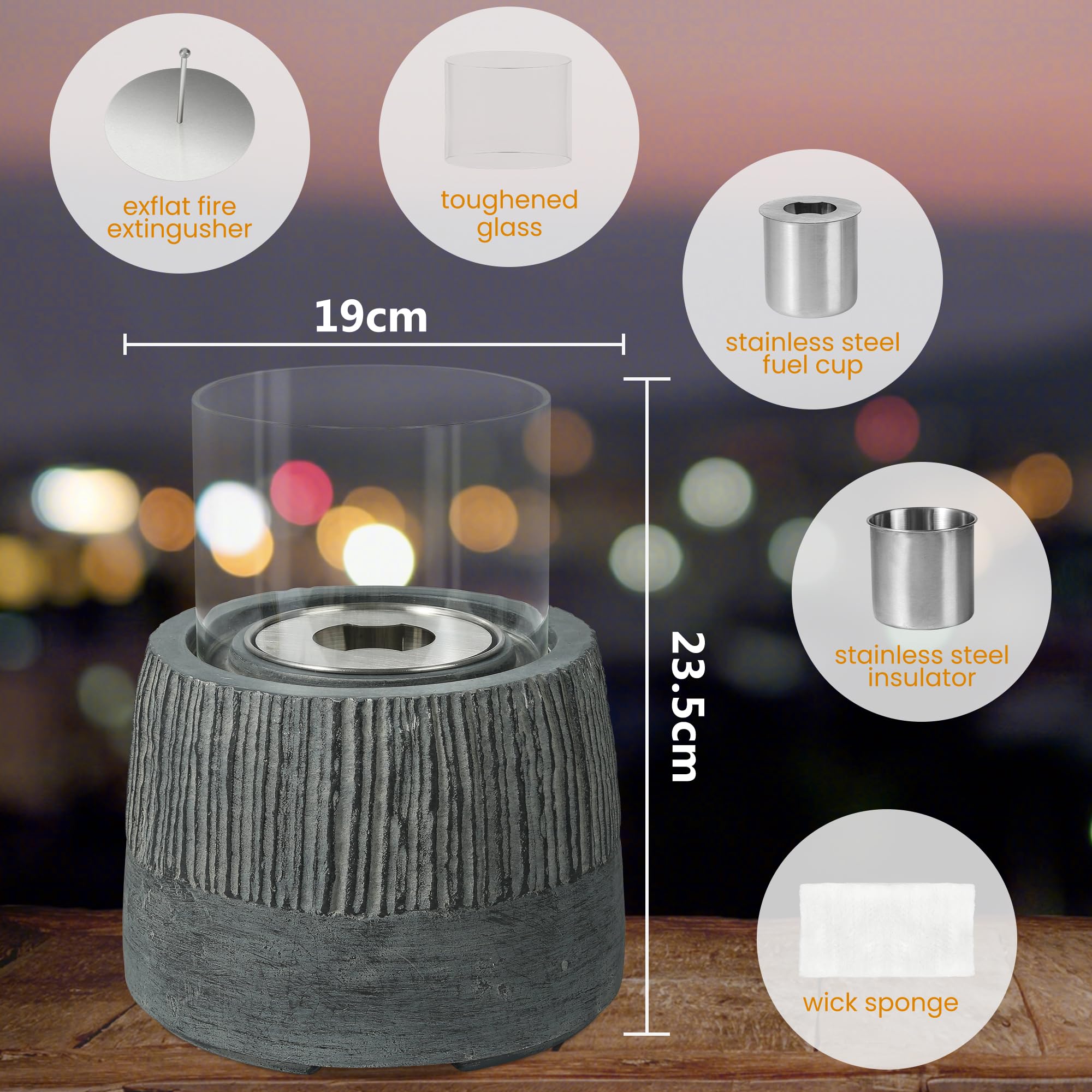 VOSSMOON Tabletop Fire Pit, Bioethanol Table Top Fire Bowl, Portable Round Fireplace indoor or Outdoor, Concrete Table Top Patio Heater Ethanol Burner with Tempered Glass for Potluck or Camping, Black