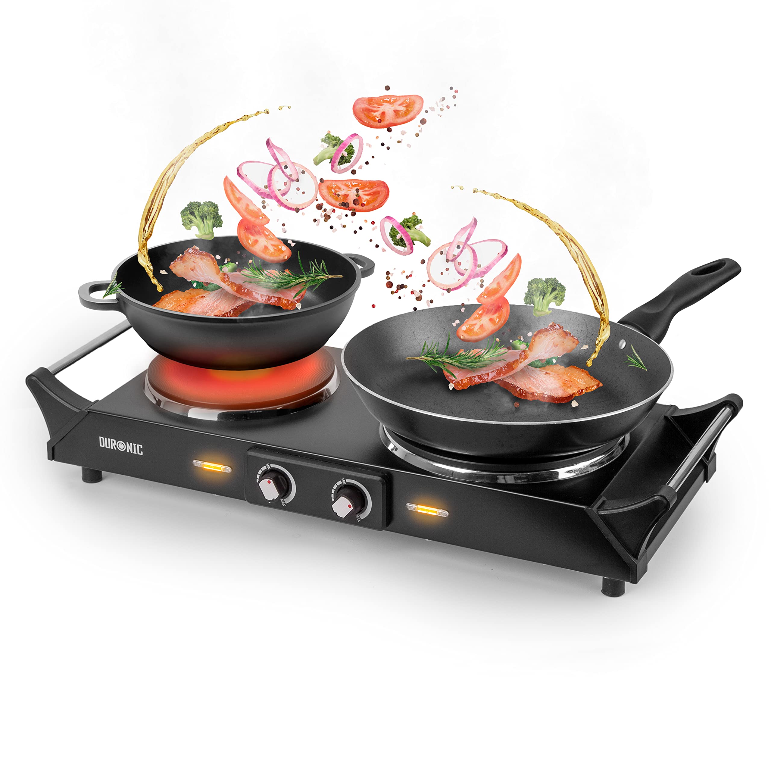 Duronic Hot Plate HP2 BK, Table Top Cooking, 2500W Black Steel Electric Double Hob with Handles, 2 Cast Iron Portable Hob Burner Rings (1500W & 1000W)