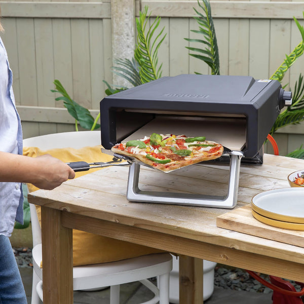 Zanussi ZPO1BPC Outdoor 12 Inch Wood Pellet Portable Wood Fired Pizza Oven with Paddle and Cover in Black, BBQ Oven & Smoker, Stainless Steel Foldable Legs
