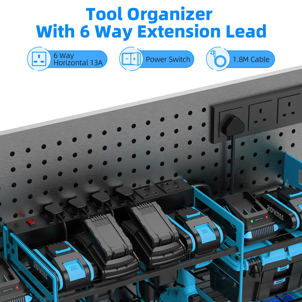 Power Tool Organizer with 6 Way Extension Lead,Large Tools Charging Station,8 Power Drill Tools Heavy Duty Drill Holder Wall Mounted Rack Utility Metal Tool Shelf Storage Organiser for Garage