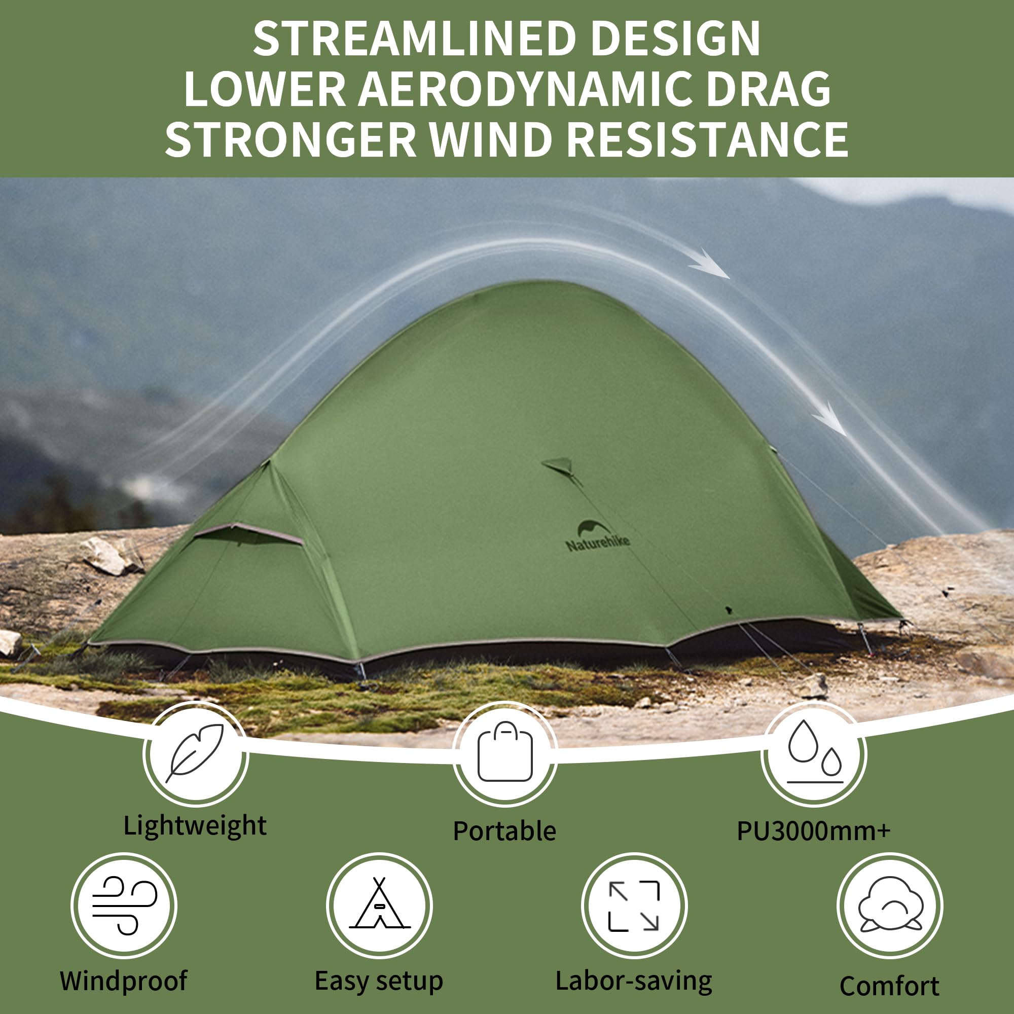 Naturehike Cloud up 2 Camping Tent 2 Man Backpacking Tent 3-4 Season Wild Country Tent Lightweight Dome Tent