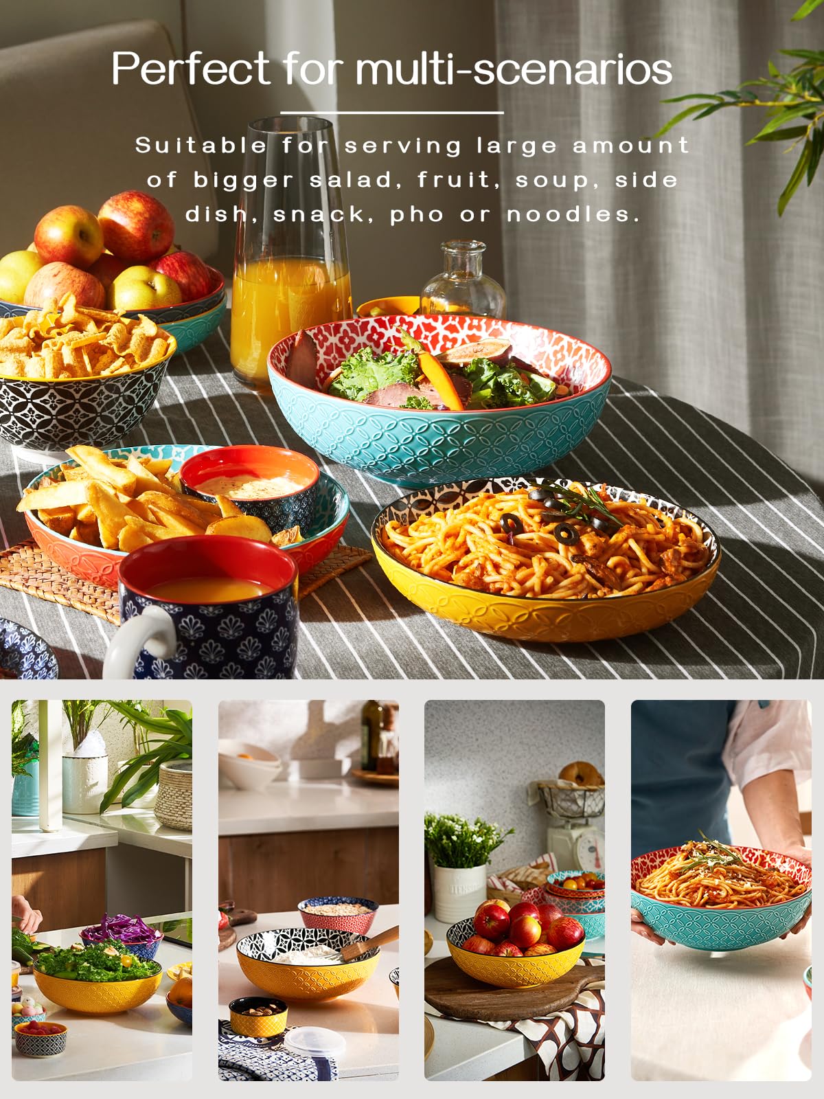 DOWAN Serving Bowls, 2000ML Fruit Bowls Salad Bowls, ?24cm Large Pasta Bowl Set of 2, Serving Dishes for Entertaining, Vibrant Colour Large Bowls for