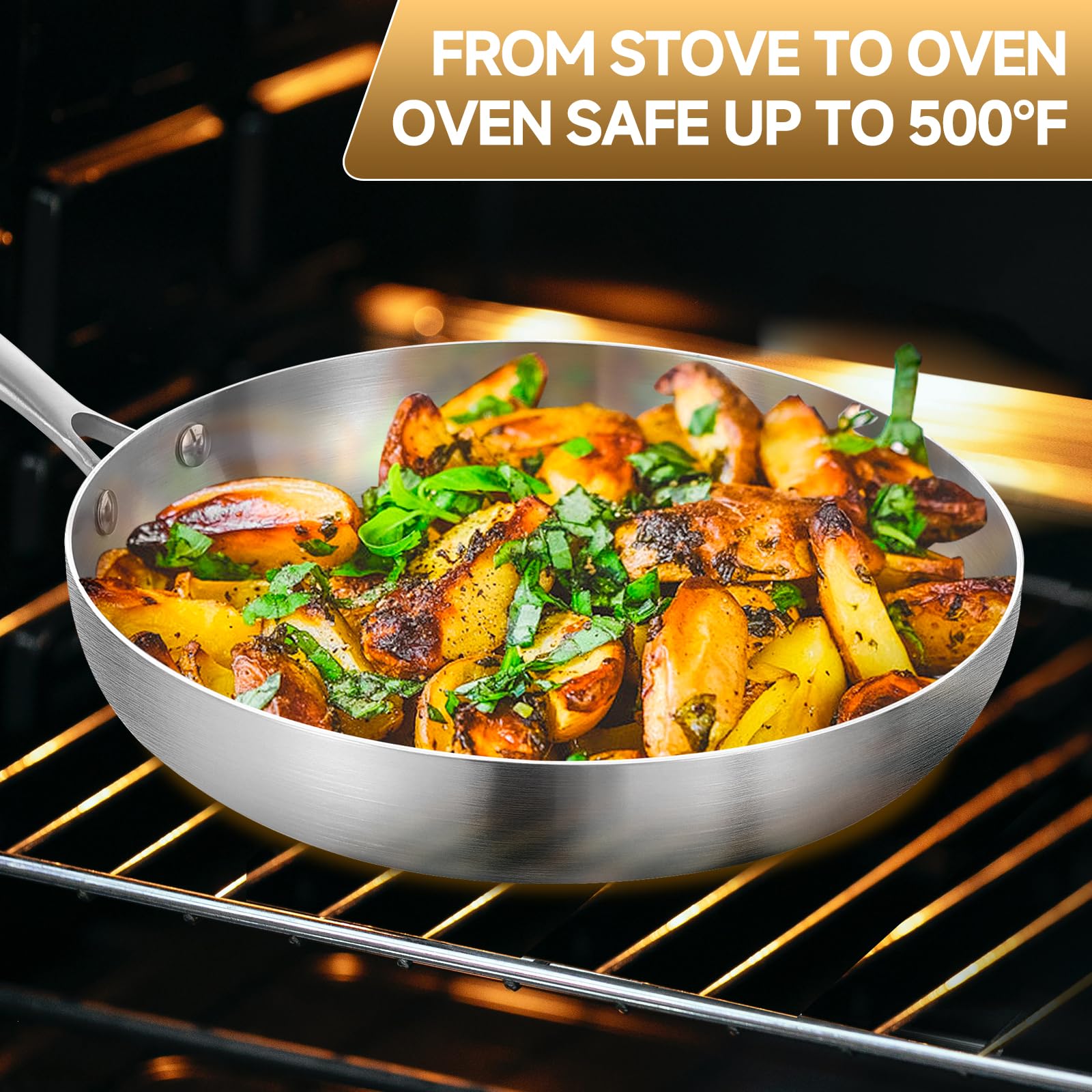 Inqibee 22 CM Tri-Ply Stainless Steel Frying Pan with Lid,Skillet,Induction Cooking Pan,Dishwasher and Oven Safe