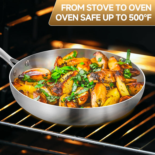 Inqibee 22 CM Tri-Ply Stainless Steel Frying Pan with Lid,Skillet,Induction Cooking Pan,Dishwasher and Oven Safe