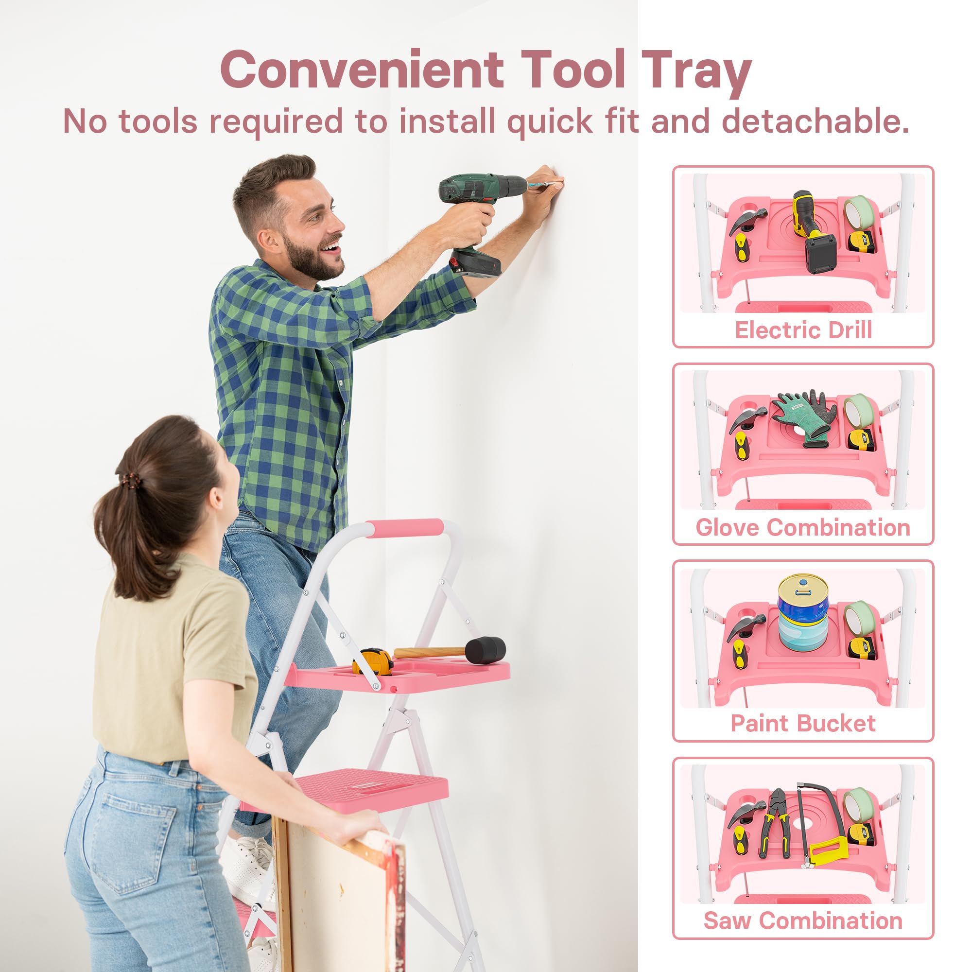 BONTEC 4 Step Ladder Folding, Heavy Duty Foldable Step Stool with Wide Anti-Slip Pedals, Sponge Handrail and Tool Tray, Portable Household Ladder 150kg Capacity, Compact Collapsible Indoor Ladder