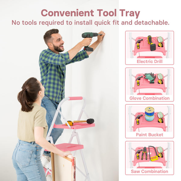 BONTEC 4 Step Ladder Folding, Heavy Duty Foldable Step Stool with Wide Anti-Slip Pedals, Sponge Handrail and Tool Tray, Portable Household Ladder 150kg Capacity, Compact Collapsible Indoor Ladder