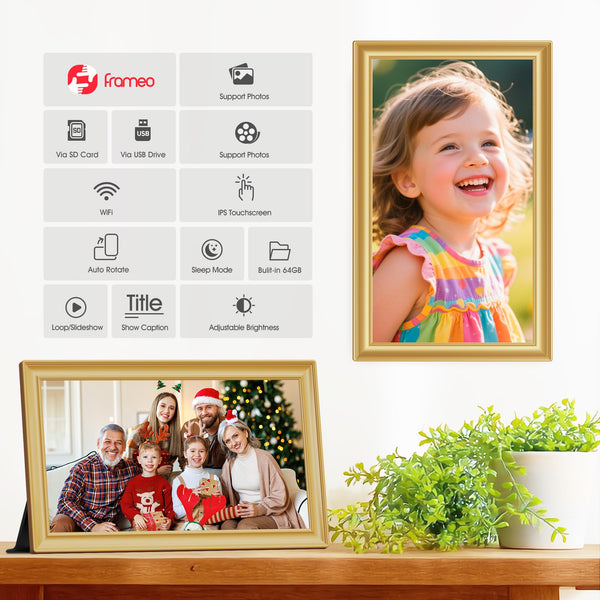 Frameo WiFi Digital Photo Frame 10.1 Inch - 1280x800 HD IPS Touch Screen Picture Frame Electronic, 32GB Memory, Auto Rotate, Wall Mountable, Digital PictureFrame for Sharing Photos and Videos