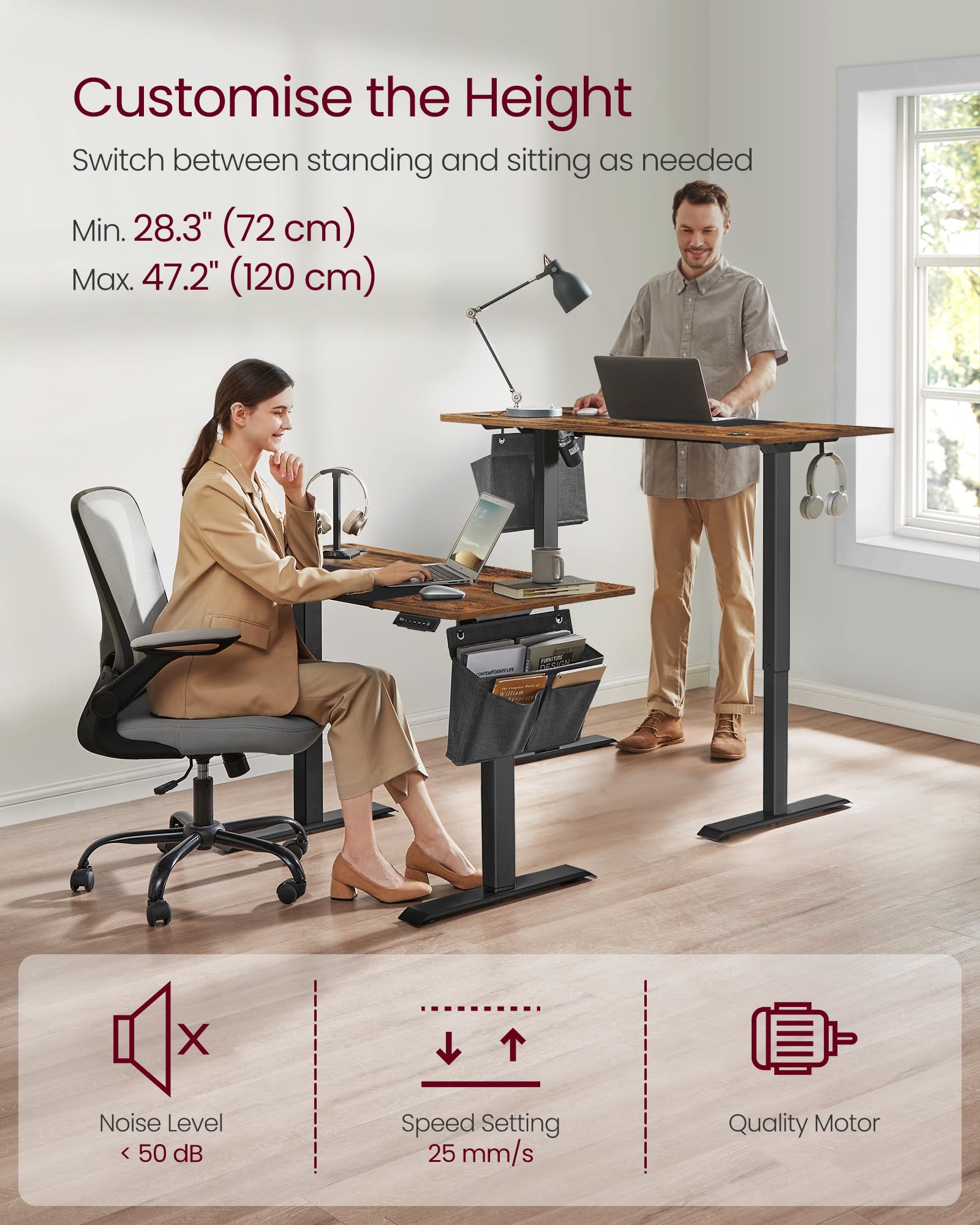VASAGLE Electric Standing Desk, Height Adjustable Desk, 60 x 140 x (72-120) cm, 4 Memory Heights, Storage Pocket, for Home Office, Study, Rustic Brown and Ink Black LSD134K02