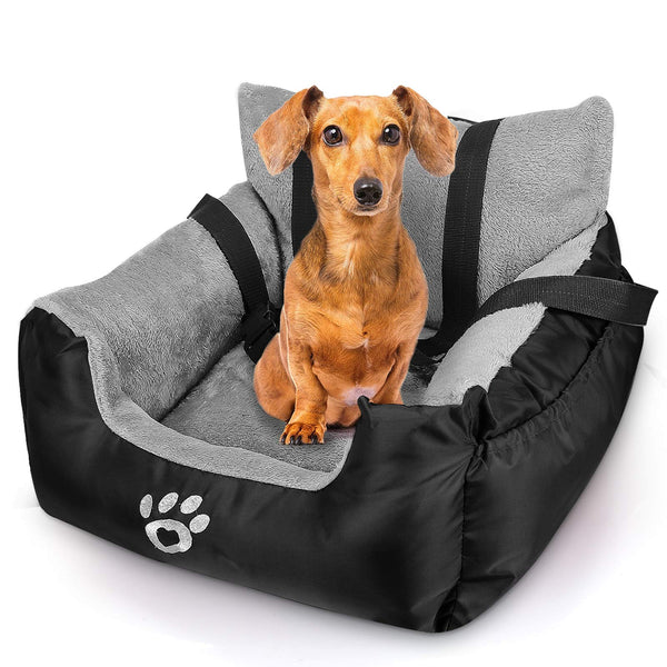 GoFirst Dog Car Seat for Small Dogs or Cats, Pet Booster Seat Travel Car Bed with Storage Pocket and Clip-On Safety Leash, Waterproof Warm Plush Dog Car Safety Seats,Black
