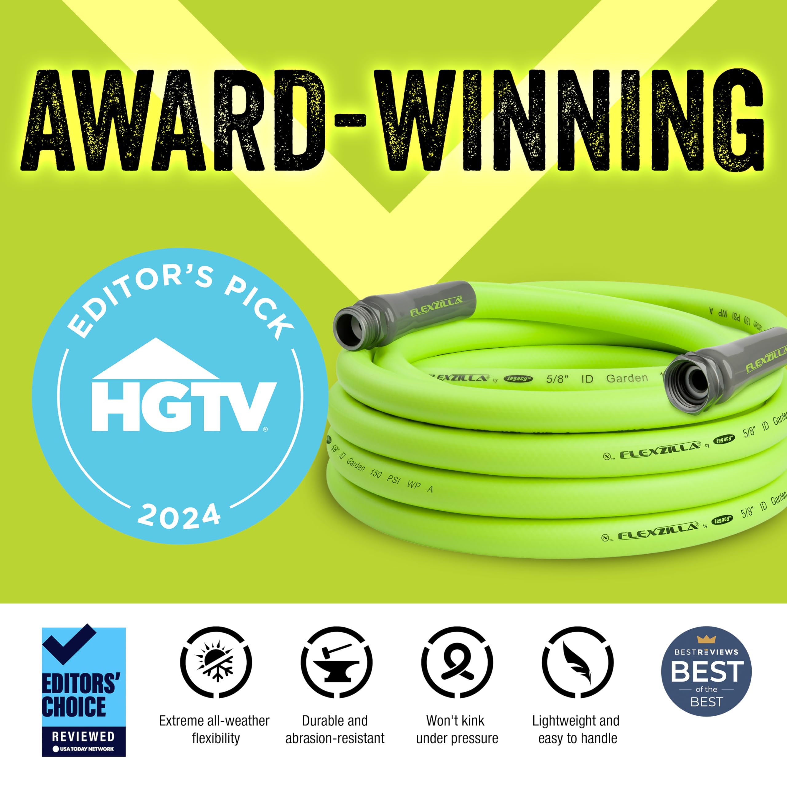 Flexzilla Garden Hose 5/8 in. x 25 ft, Heavy Duty, Lightweight, Drinking Water Safe, ZillaGreen - HFZG525YW-E