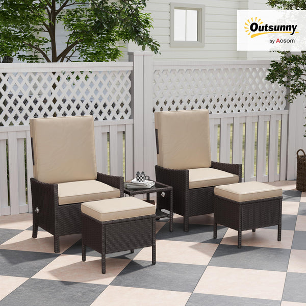 Outsunny 5 Piece Rattan Garden Furniture Set, Wicker Patio Sofa Set with 2 Armchairs, 2 Footstools, Glass Top Coffee Table with Shelf, Outdoor Furniture with Adjustable Backrests, Cushions, Dark Grey