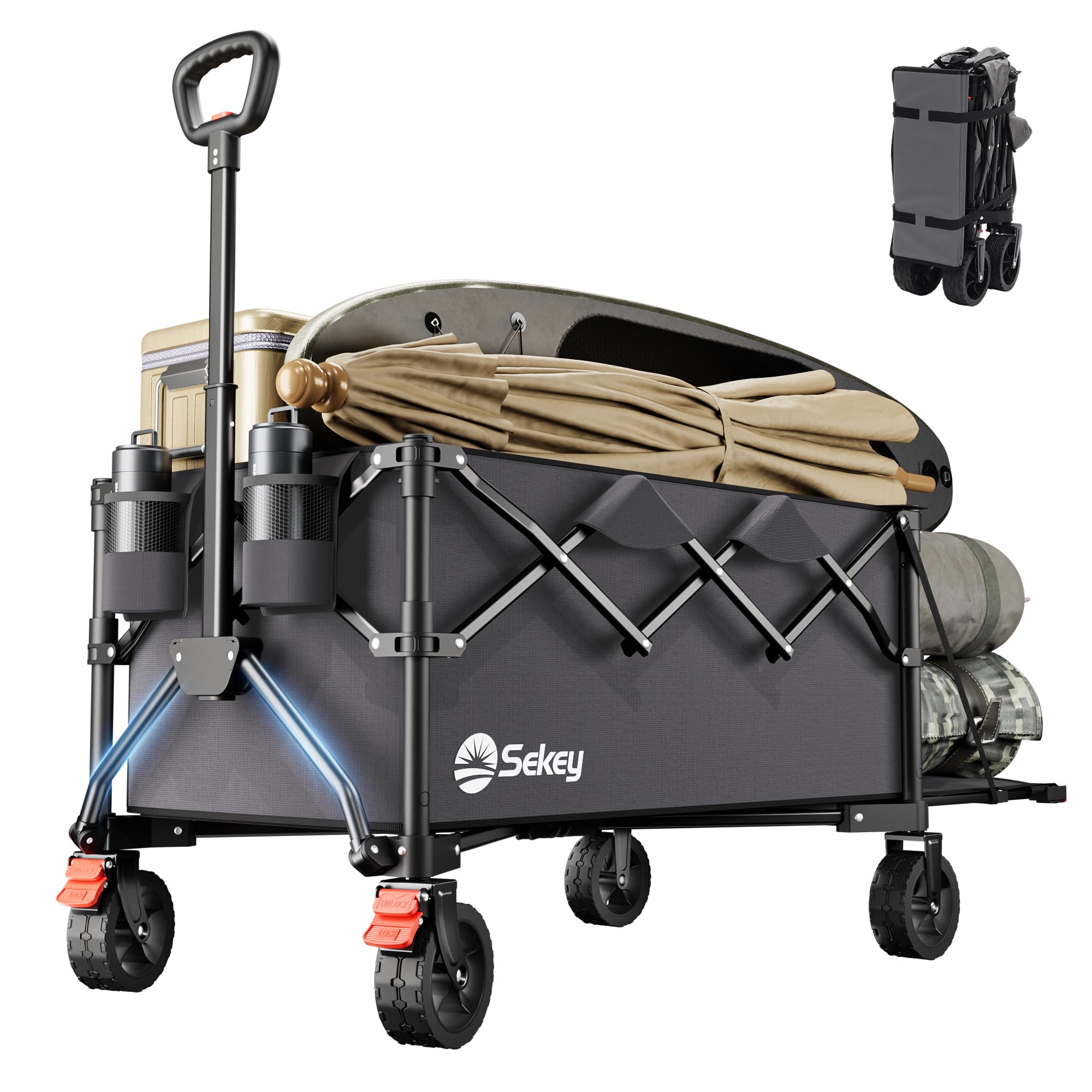 Sekey 332L Folding Festival Trolley with Expandable Tailgate, Patented Design Beach Cart - Diamond Collapsible, Wide All-Terrain Wheels, Brake, 350LB Load Capacity Heavy Duty Wagon for Camping, Black