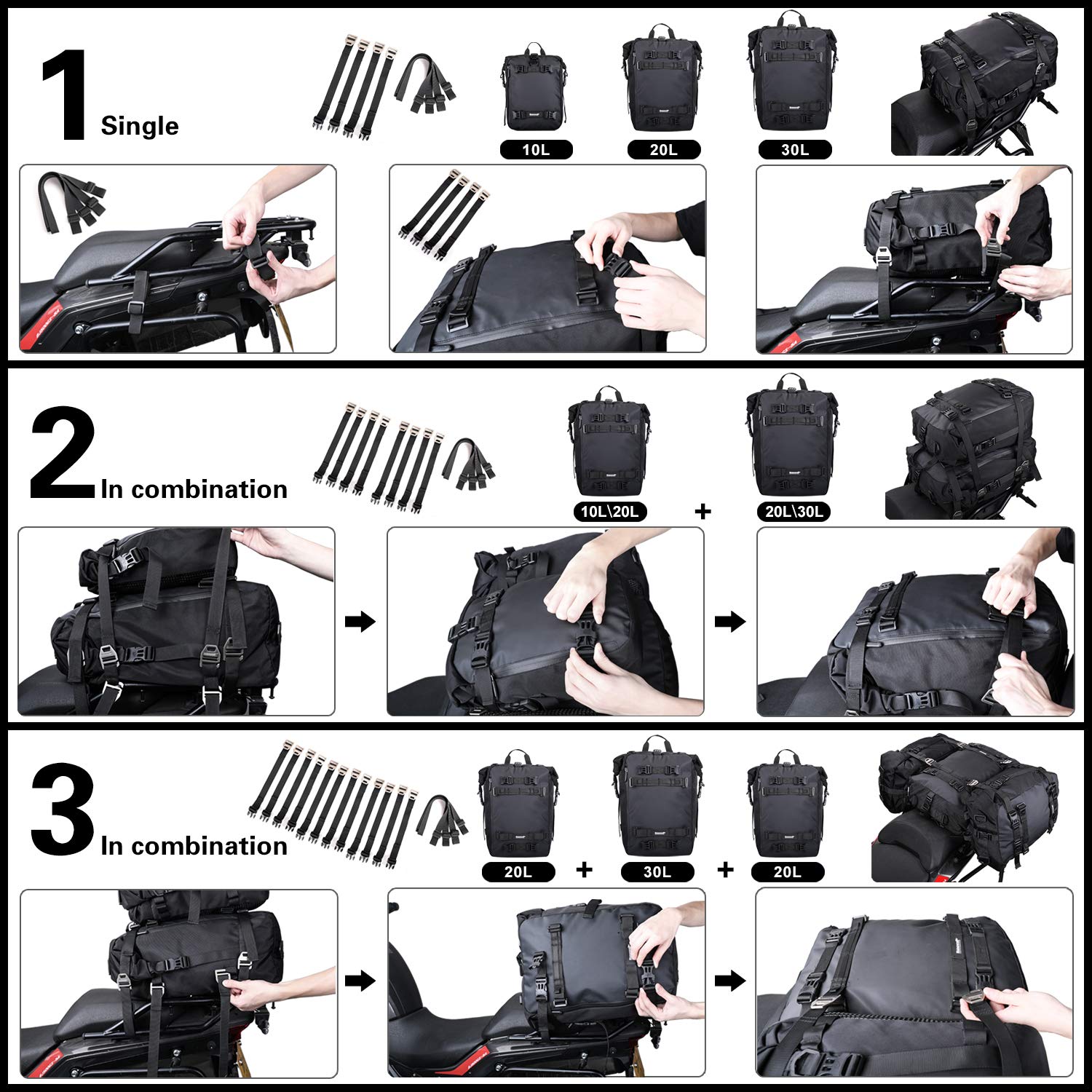 Motorcycle Pannier Bag 10/20/30L Waterproof Rear Rack Trunk Motorcycle Rear Seat Tail Package Multifunctional Motorbike Saddle Bag Black 10L