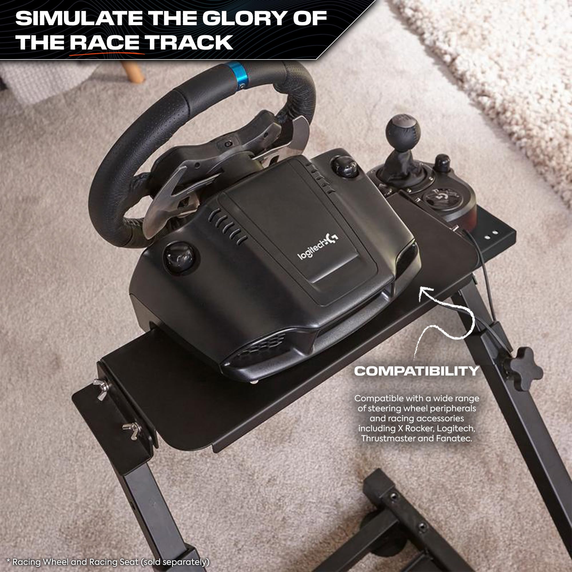 X-Rocker Steering Wheel Stand, Foldable Racing Wheel Stand with Seat Fixing Rod, Adjustable Height, Adjustable Angle, Suitable for Logitech, XBOX, Madcatz, Playstation, Racing Wheel Stand - Black