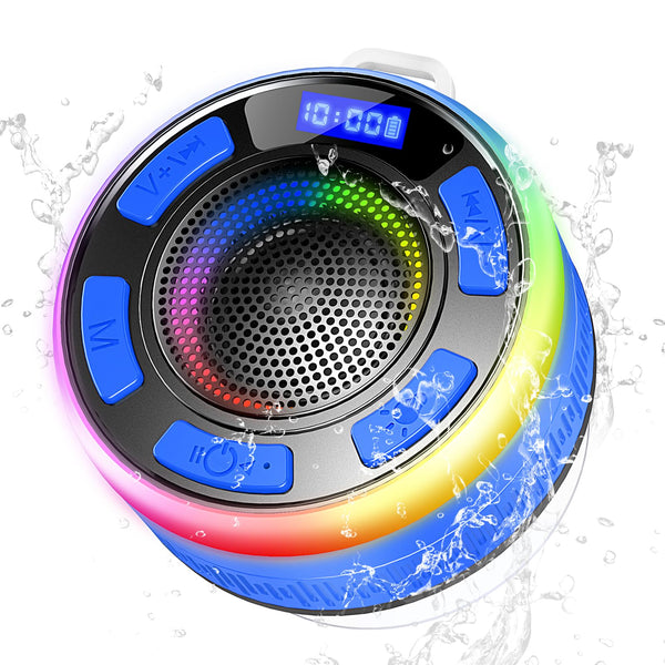 Bluetooth Shower Speaker with IPX7 Waterproof, Bluetooth Speaker with HD Stereo Sound, Built-in Mic Portable Wireless Speaker with Dynamic Lights 10H Playtime, for Outdoor Kitchen Gifts Golf, Black