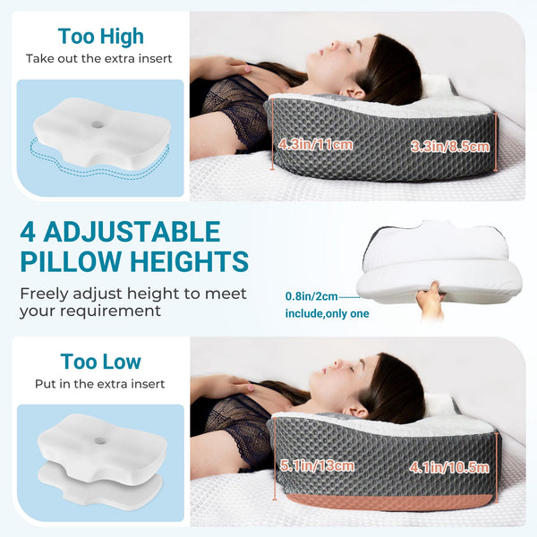 Elviros Cervical Memory Foam Neck Pillow for Side Sleeping, Orthopedic Pillows for Back and Stomach Sleepers, Adjustable Ergonomic Bed Pillow Pain Relief (White)