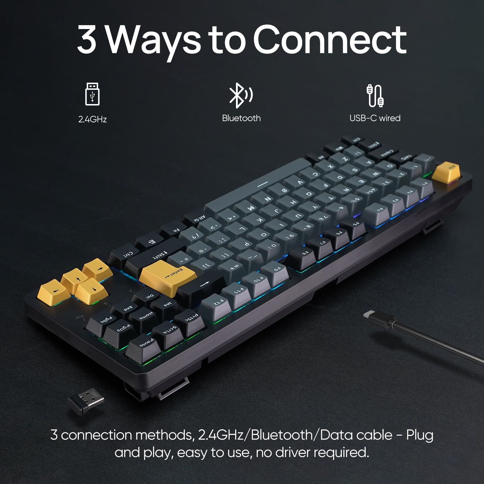 ARZOPA Wireless Mechanical Gaming Keyboard, 87 Keys RGB Backlit Gasket Mount PC Gaming, UK Layout, Compact Hot-Swappable Mechanical Keyboard, Sound Absorbing Pads, Custom Switch