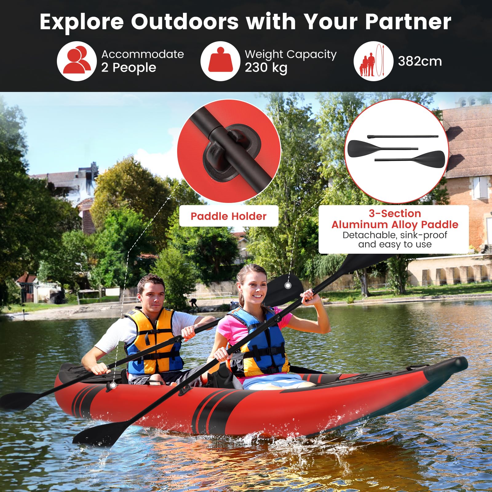GYMAX Inflatable Kayak Set, 2-Person Inflatable Boat with Aluminum Oars, EVA Padded Seat, Fins, Hand Pump, Repair Kit and Carry Bag, Blow Up Canoe for Lakes, Rivers & Sea Shores