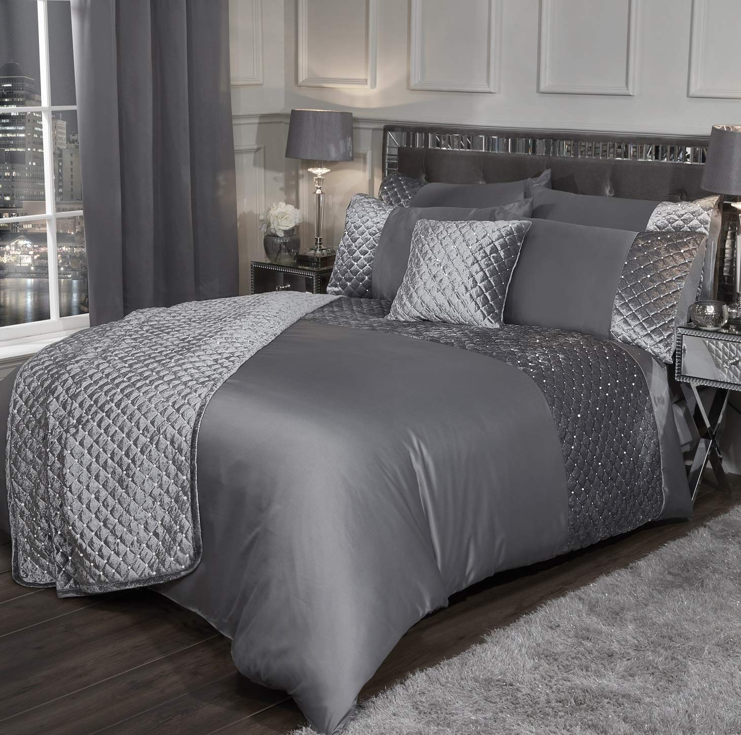 Emma Barclay Glamour - Quilted Sequin Velvet Duvet Set in Silver - Super King Bed