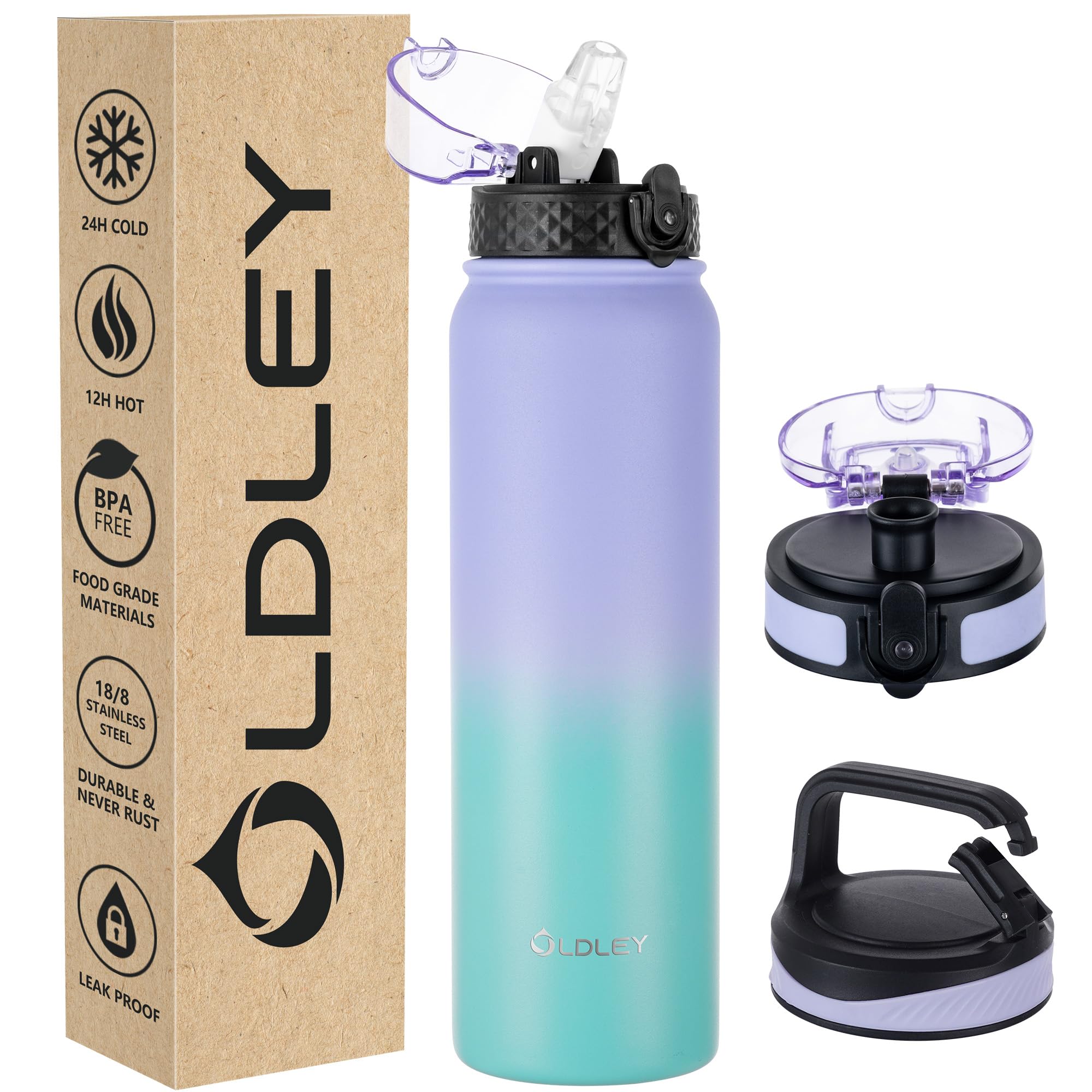 OLDLEY Stainless Steel Water Bottle with Straw 1L Vaccum Insulated Large Drink Flask Metal Water Bottles 1 Litre Leakproof Keep Drinks Hot Cold for Sports Gym with Different Lids(Purple Green, 3 Lids)