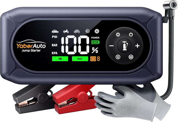 9-in-1Jump Starter Power Pack 4500A with 150PSI Air Compressor, YaberAuto Car Battery Booster Jump Starter for 9L Gas/8L Diesel, Car Starter Power Bank with Jump leads, Gloves, Lights