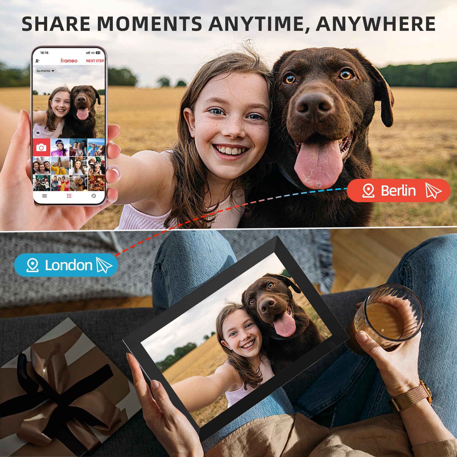 10.1 Inch WiFi Digital Photo Frame Built in 32GB Memory, 1280x800 IPS LCD Touchscreen, Auto-Rotate and Audio, Quick and Easy Share Photos or Videos via the Frameo App, the Best Choice for Gifting