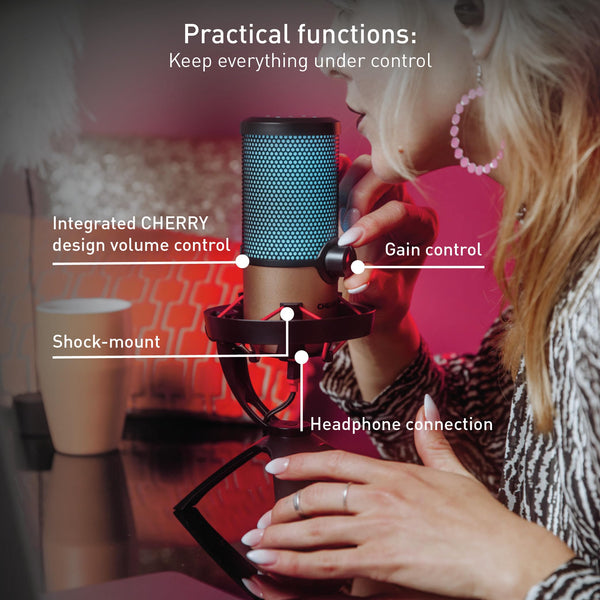 CHERRY UM 3.0, USB Microphone for Podcasts, Streaming, Home Office, Cardioid Characteristic, Headphone Connection, Compatible with PC/Mac/PS4/PS5, Black