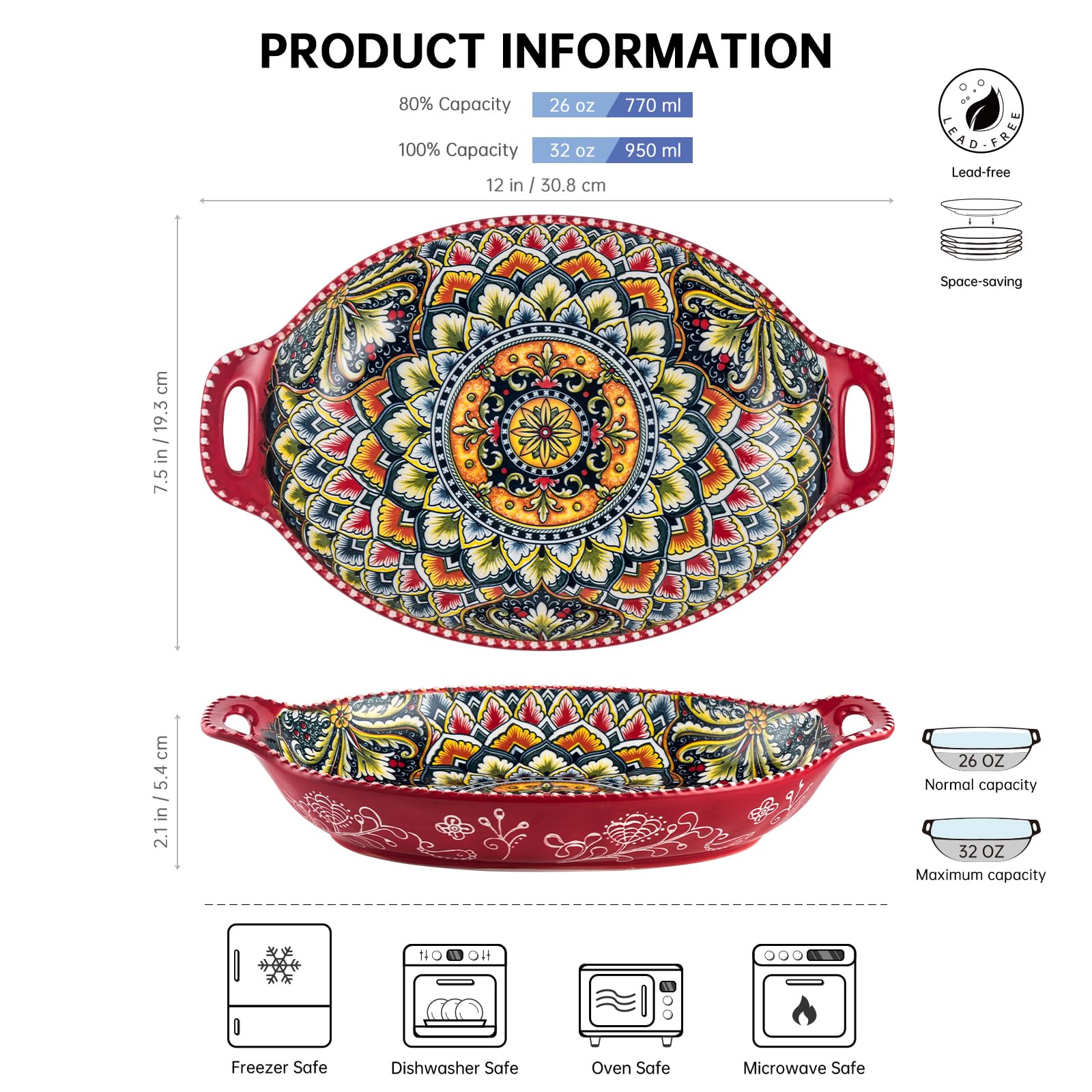 Henten Home Salad Bowl Set of 4, Porcelain Large Pasta Bowl/Fruit Bowls with Handles - 32 OZ, Vibrant Colour Large Bohemian Bowls Serving Dishes for