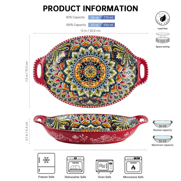 Henten Home Salad Bowl Set of 4, Porcelain Large Pasta Bowl/Fruit Bowls with Handles - 32 OZ, Vibrant Colour Large Bohemian Bowls Serving Dishes for