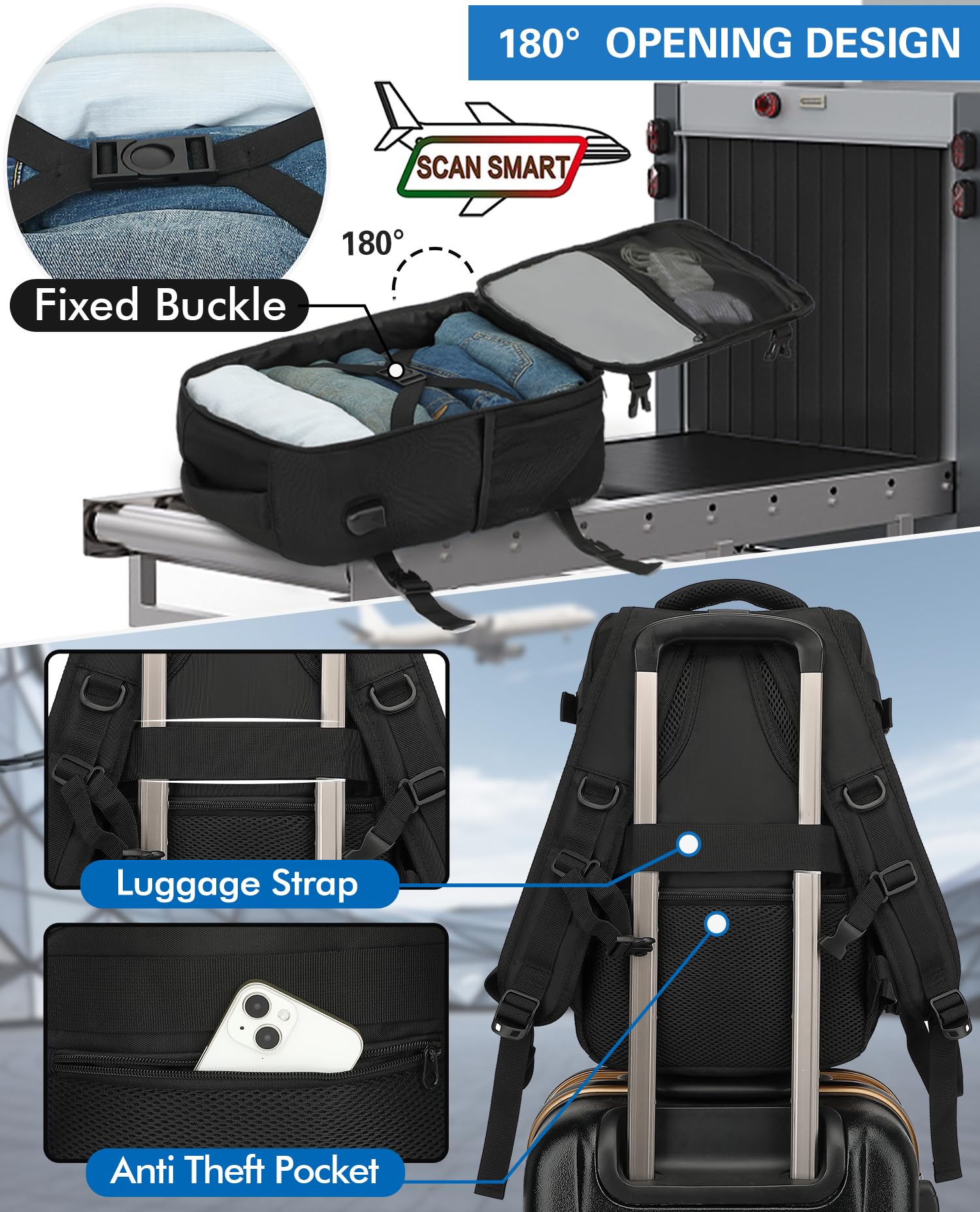 KLOSTAIN for Easyjet Cabin Bag 45x36x20 Travel Backpack Hand Luggage Carry-ons Bag Laptop Backpack Ruscksack for Airplanes Flight New Easyjet Underseat Cabin Bags Fit 14" Laptop Navy