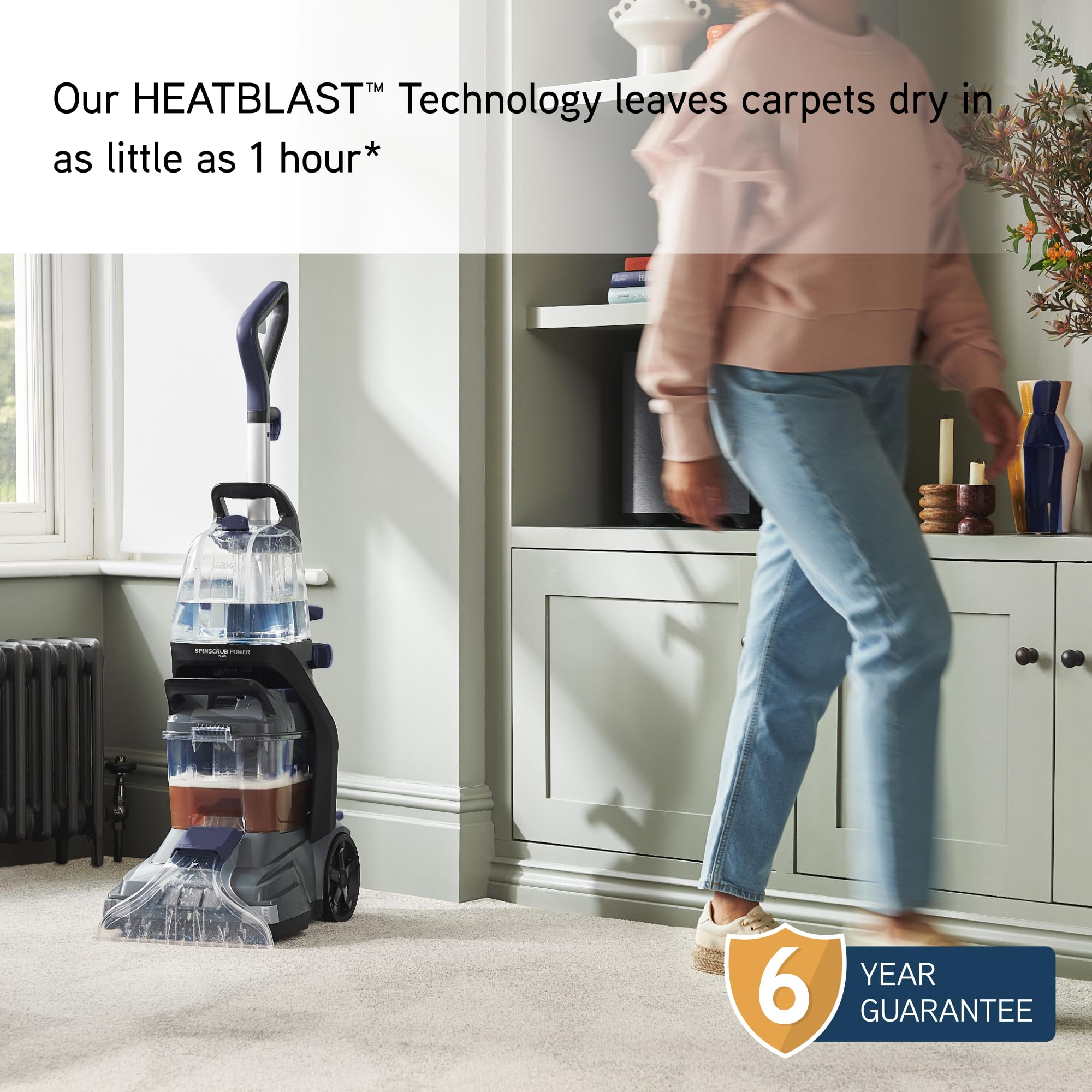 Vax SpinScrub Power Plus Carpet Cleaner, Carpet Cleaning Machine, Stain Remover, 6 Year Guarantee, XL Capacity, Quick Dry Time, Deep Clean, Grey/Navy Blue, CDCW-SSXA