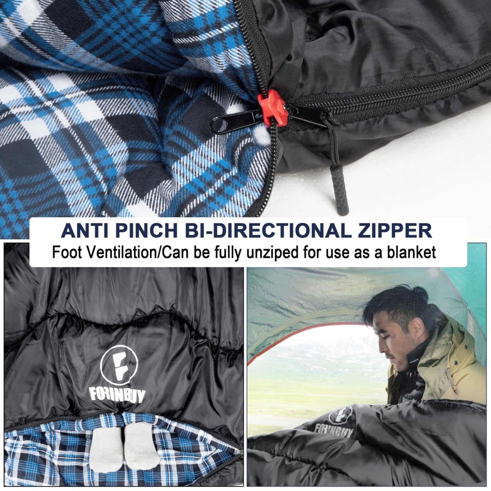 FORINBUY Winter Cotton Flannel Double Sleeping Bag for Adults - 0 degree Queen Size 2 Person Sleeping Bag, Waterproof & Warm for Cold Weather, Ideal for Couples, Family Camping & RV Travel