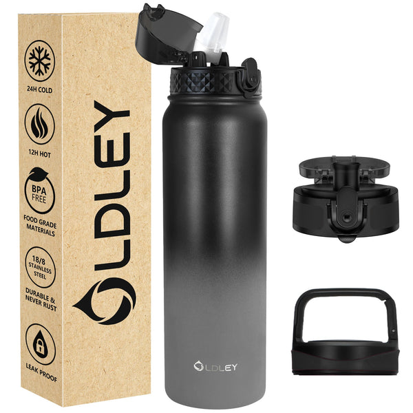OLDLEY Stainless Steel Water Bottle with Straw 1L Vaccum Insulated Large Drink Flask Metal Water Bottles 1 Litre Leakproof Keep Drinks Hot Cold for Sports Gym with Different Lids(Purple Green, 3 Lids)