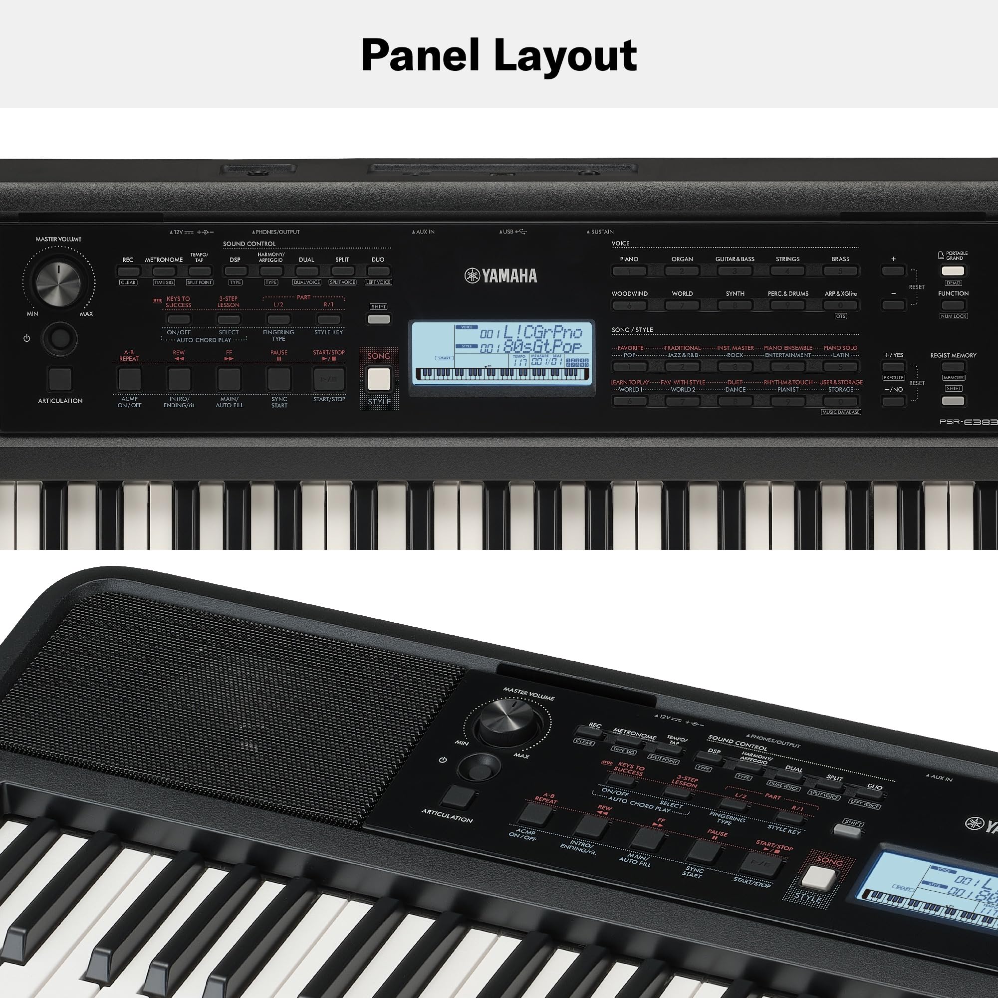 Yamaha PSR-E383 Portable Keyboard for Beginners, 650 Authentic Instrument Voices and Touch-Sensitive Keys with 48-Note Polyphony, Includes 2 Online Lessons with Yamaha Music School Teacher