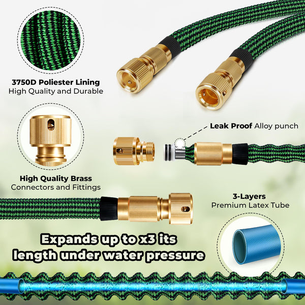 HOMEPROTEK Expandable Garden Hose 50ft / 15m - Retractable Garden Hose Pipe Spray Gun Including 9 Modes, 3-Layer Latex No-Kink Flexible Water Hose