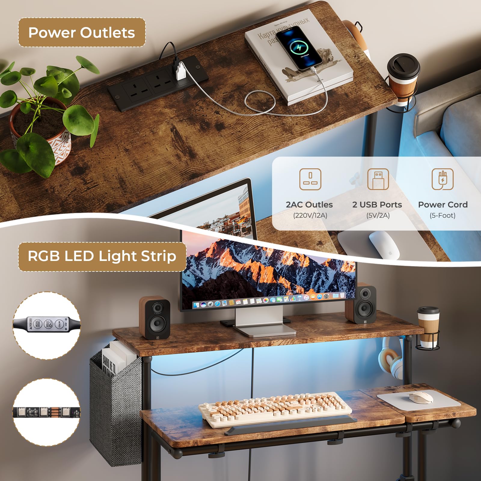 Dripex Mobile Standing Desk with Power Outlets & Strip Lights, Height Adjustable Desk With Cup Holder, Hook, Storage Bag, Rolling Sit-Stand Computer