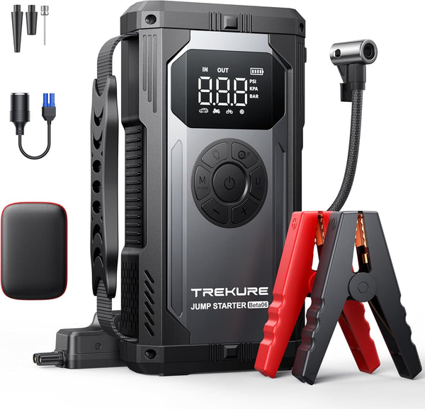 TREKURE 4000A Jump Starter Power Pack with 150PSI Air Compressor, 12V Portable Car Battery Booster Jump Starter for all Gas 10L Diesel Car Jump Starter Power Bank with Jump leads / Emergency Light