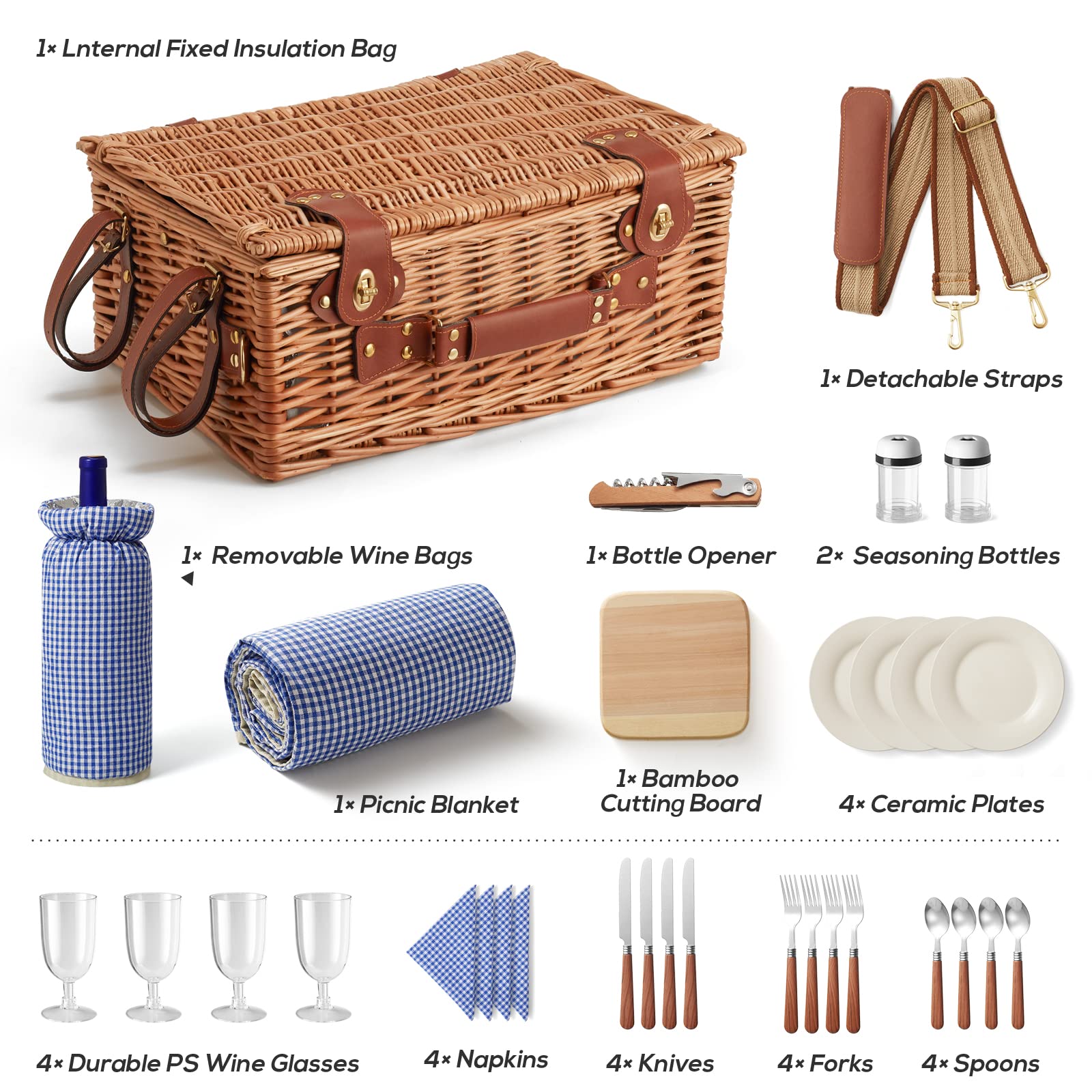 DHAEE Wicker Picnic Basket Set for 4 Person with Cooler Compartment and Waterproof Picnic Blanket,Removable Strap,Wine Bag,Cutlery Set,for Camping,Day