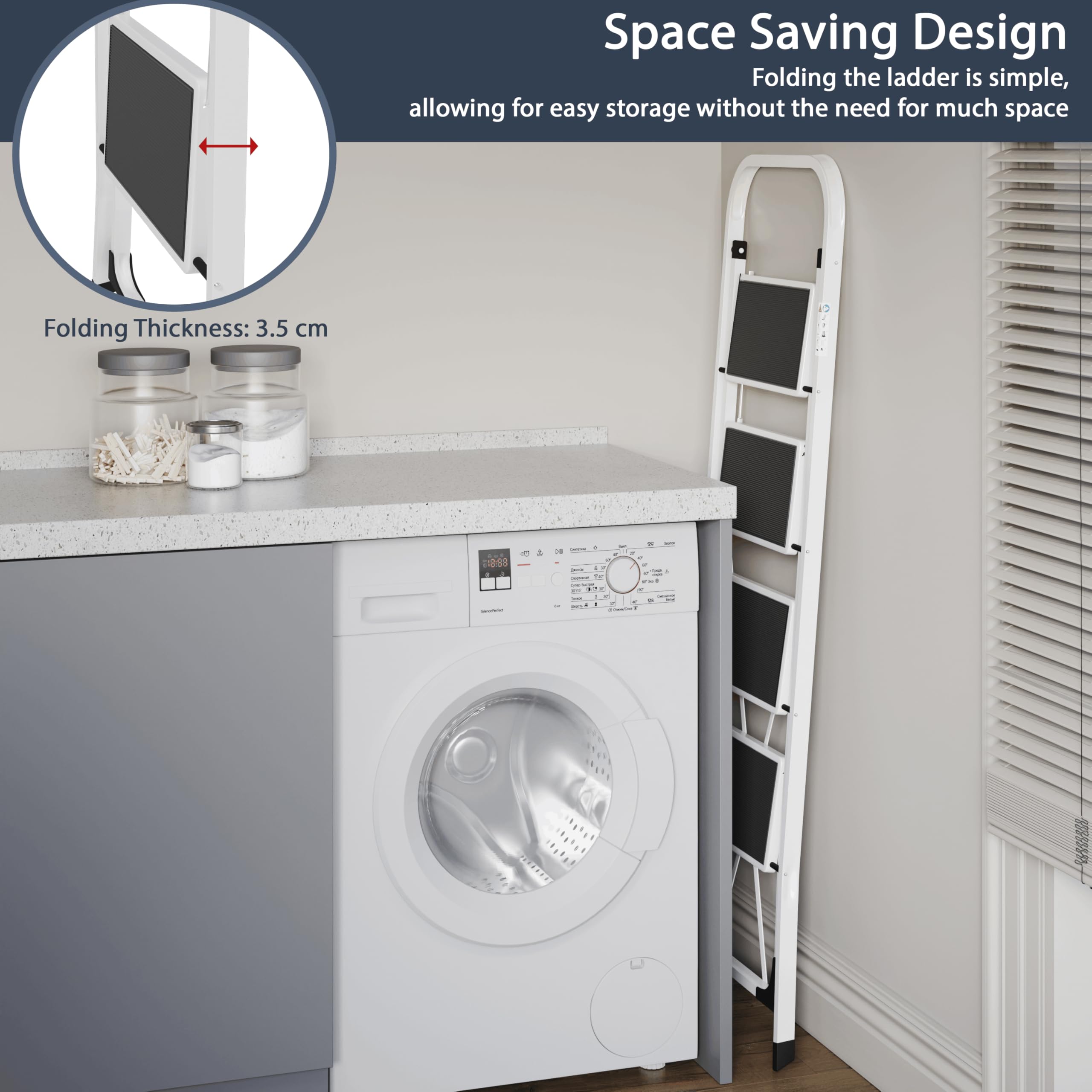 Home Vida 3 Step Ladder - Heavy Duty Steel Folding Ladder with Slip-Resistant and Wide Steps, Folding Mechanism, 150kg Max Load, Home/Kitchen/DIY/Garden Use, White