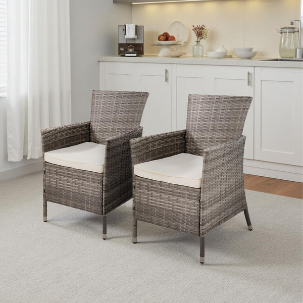 Warmiehomy Rattan Garden Chairs Outdoor Dining Chair Set of 2 Wicker Armchairs with Padded Seat Cushions High Backrest Patio Chair, Black