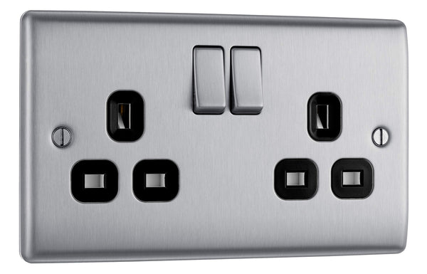 BG Electrical Cooker Switch with Socket and LED, Cooker Control Unit, Control Socket, Double Pole, Raised Profile, Round Edges, Nexus Metal, Brushed Steel, Grey Inserts, 45A, NBS70G