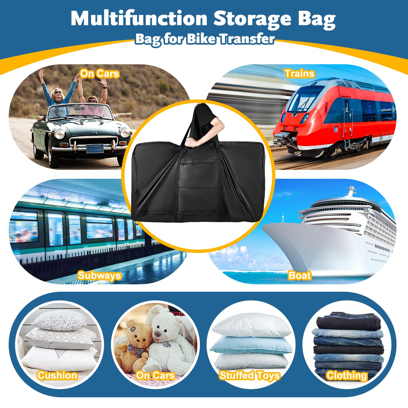 Folding Bike Travel Bag,Heavy Duty 840D Transport Bicycle Storage Carry Bag with Strong Webbing for 26-29 in Mountain 700C Road Bike MTB,Portable