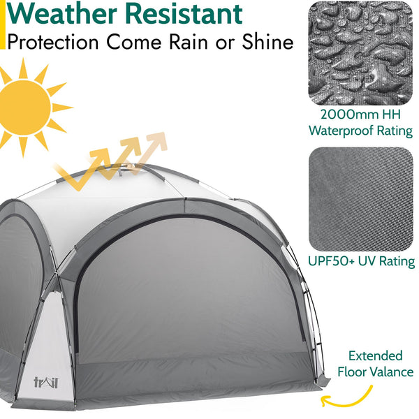 Trail Gazebo with Zip Away Sides, Dome Event Shelter for Outdoor Camping Garden Festival, Waterproof 2000mm, UPF50+ UV Sun Protection, Travel Bag, 3.5m x 3.5m x 2.3m (Grey)