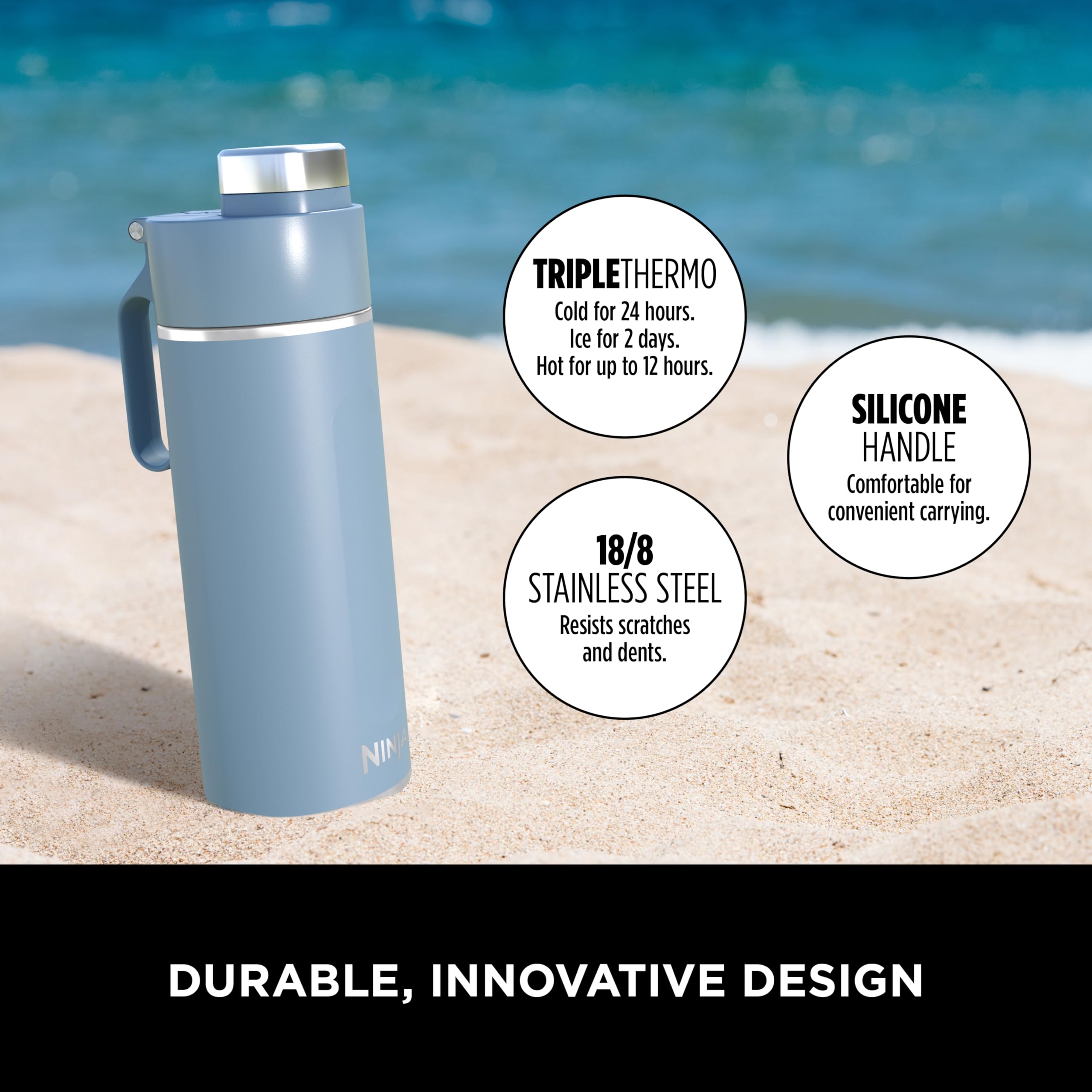 Ninja Thirsti Water Bottle and Flask 709 ML With Leak-Proof Lid, Designed For Carbonated, Hot & Cold Drinks, Ideal For Travel & Sports, Triple Insulated, Stainless Steel Bottle, Black, DW2401EUUKBK