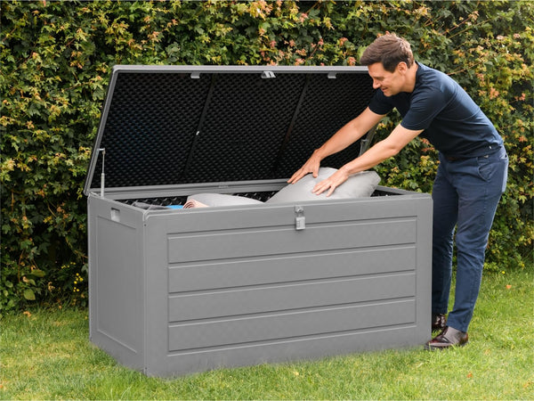 Olsen & Smith 680L Large Garden Storage Box - Weather Resistant Heavy Duty Garden Box with Padlock & Wood Effect - Huge Capacity Outdoor Storage Chest for Tools, Cushions, Toys & More (Anthracite)