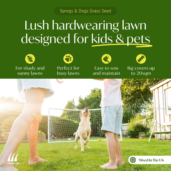 Sprogs & Dogs Ultra Hardwearing Grass Seed by Lawn UK - 4kg Up to 120sqm Coverage - Ultimate Tough Grass Seed for Family lawns - Fast Growing & Super