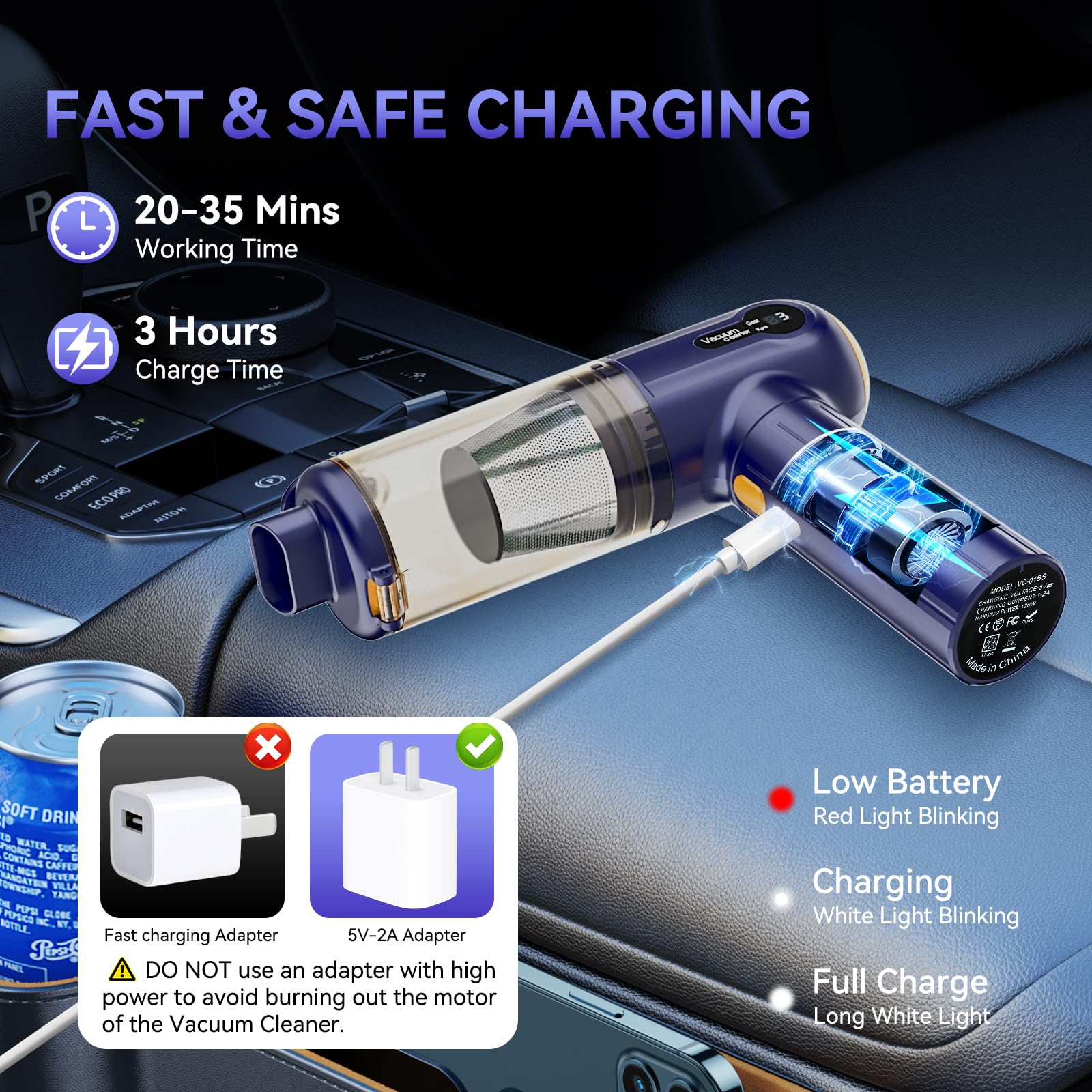 Handheld Car Vacuum Cleaner, 15000Pa Powerful Vacuum Cleaner Cordless, 3 in 1 Lightweight Vacuum & Blower Dust Buster, LED Display, USB Rechargeable Mini Cleaner for Car, Home and Pet Hair Cleaning