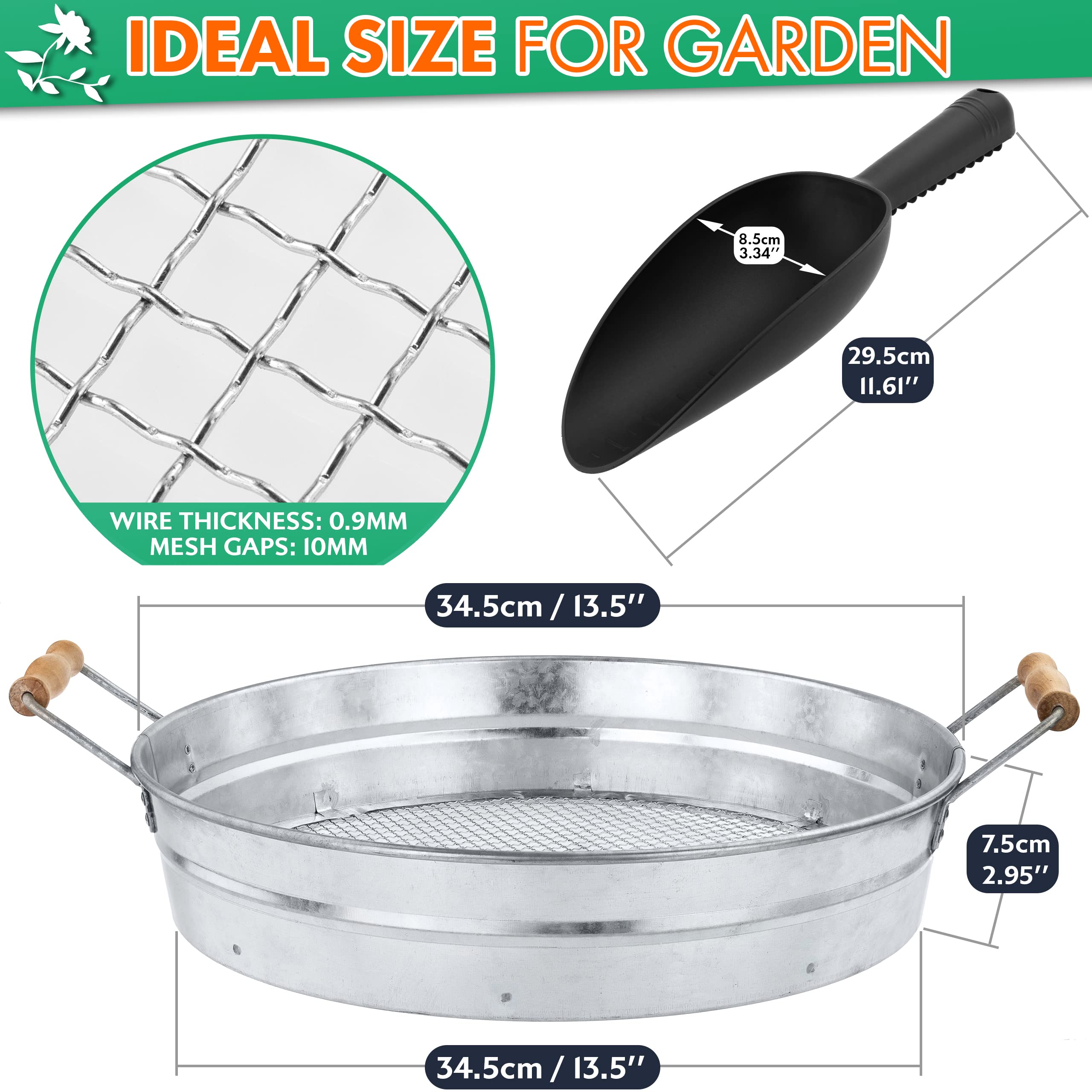 IDSWorld Galvanized Garden Sieve Compost Dirt Soil Shifter Round Riddle Screen Pan Strong Mesh Wooden Handles with Plastic Gardening Scoop