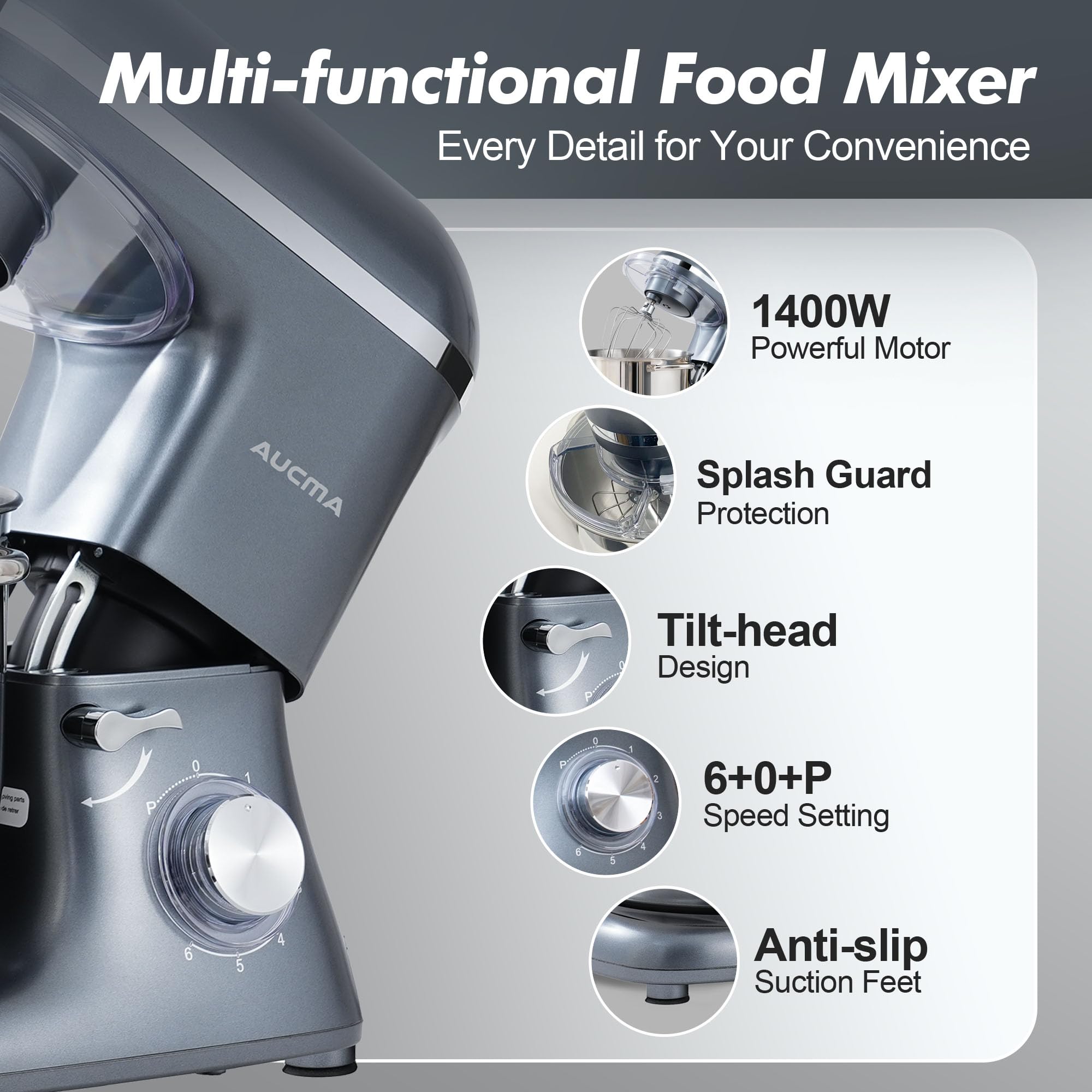 Aucma Stand Mixer, 6.2L Food Mixers for Baking, Electric Kitchen Mixers with Bowl, Dough Hook, Wire Whip & Beater (6.2L, Black)