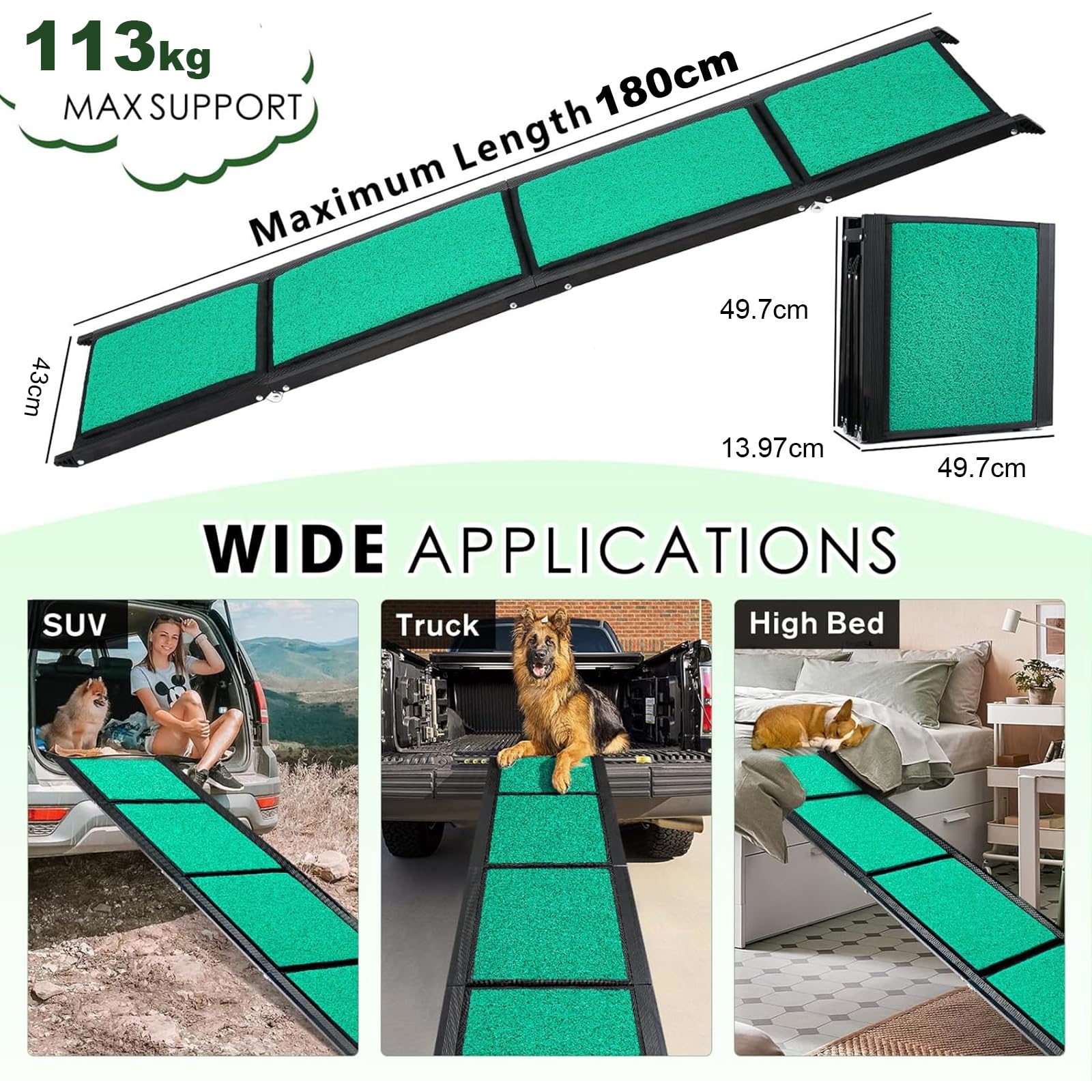 170cm Long Dog Ramp for Cars,43cm Wide Folding Dog Ramp for Large Dogs with High Traction Carpet Surface,Non-slip for Truck,SUV,Portable Pet Ramp Stairs for Medium Large Dog Up to 100kg